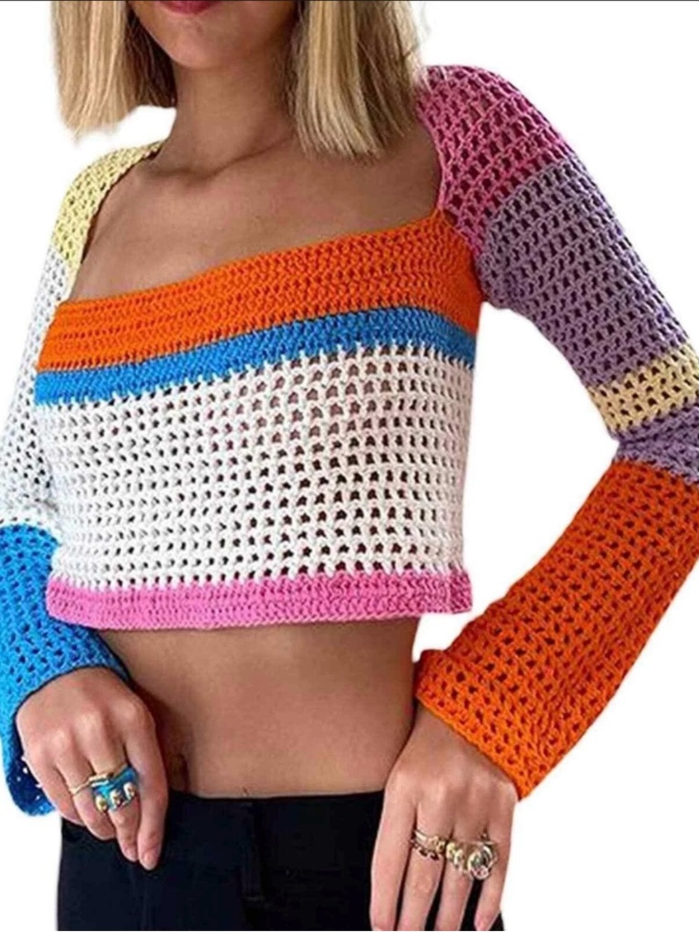 Sunloudy Knit Long Sleeve Crochet  Square Collar Sweater Crop Top Medium